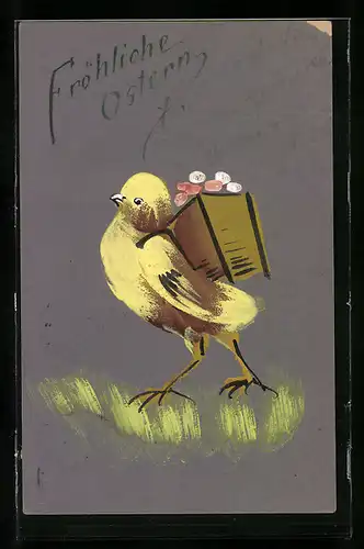 Künstler-AK Handgemalt: Osterküken mit Kiepe voller Ostereier, Ostergruss