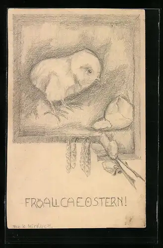 Künstler-AK Handgemalt: Osterküken neben seiner Eierschale, Ostergruss