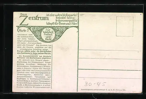 Künstler-AK Wer zahlt die Steuern?, Werbung der Zentrums-Partei