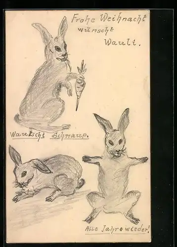 Künstler-AK Handgemalt: Hasen wünschen frohe Weihnacht