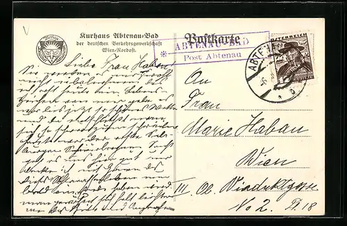 AK Landpoststempel Abtenau-Bad, Post Abtenau