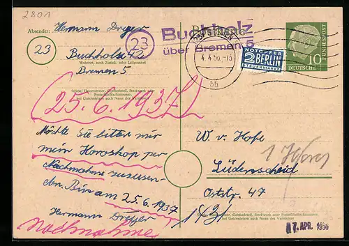 AK Landpoststempel Buchholz über Bremen