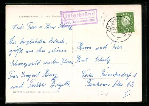 AK Landpoststempel Unterbränd über Dnaueschingen