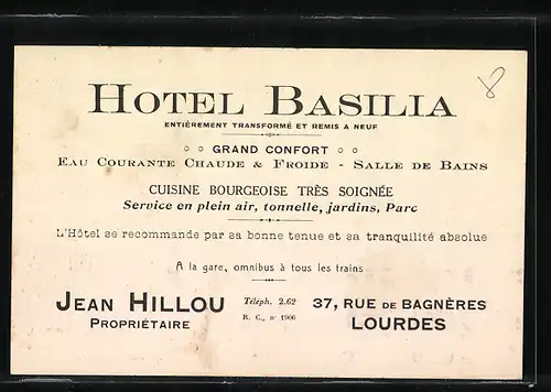 AK Lourdes, Hotel Basilia, 37, Rue de Bagnères