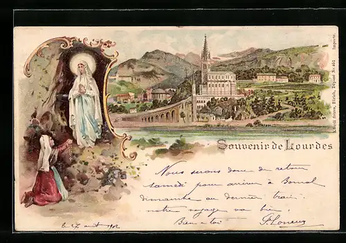 Lithographie Lourdes, Uferpartie mit Kirche, Gnadenbild