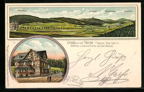 Lithographie Tenne /Taunus, Totalansicht, Gasthaus von Carl Bachon