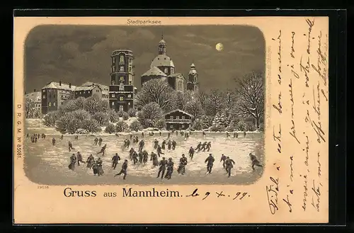 Winter-Lithographie Mannheim, Menschen auf dem zugefrorenem Stadtparksee