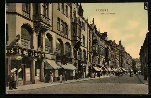 AK Erfurt, Bahnhofstrasse mit Geschäft Krüger & Oberbeck