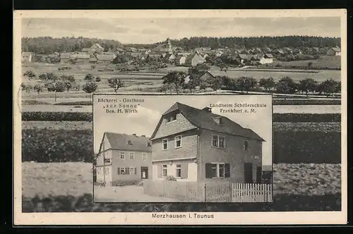 AK Merzhausen i. Taunus, Panorama, Bäckerei-Gasthaus Zur Sonne & Landheim Schillerschule