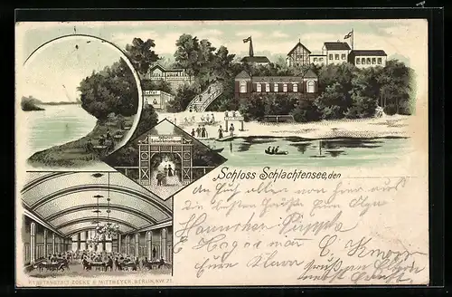 Lithographie Berlin-Schlachtensee, Gasthaus Schloss Schlachtensee, Gebäudeansicht, Innenansicht