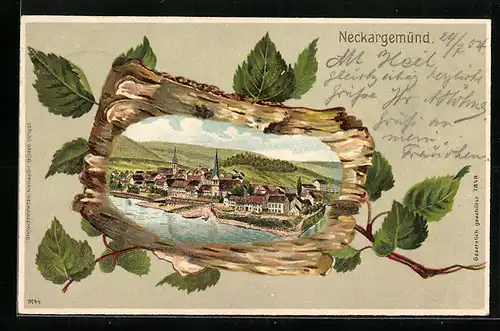 Passepartout-Lithographie Neckargemünd, Ortsansicht auf einem Stück Borke, Birkenblätter