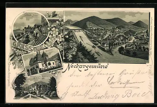 Lithographie Neckargemünd, Weinrestaurant zur Stadt Athen, Villa Bronner, Wohnhaus von Consul Menzer