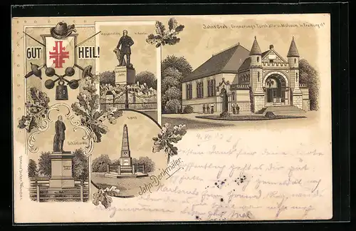 Lithographie Freyburg / Unstrut, Jahns Grab, Erinnerungs-Turnhalle und Museum