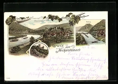 Lithographie Neckarsteinach, Schwalbennest, Gesamtansicht mit Neckar, Dilsberg