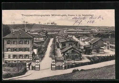 AK Münsingen, Truppenübungsplatz, Eingang in das Barackenlager