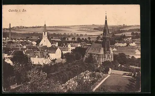 AK Ostritz i. Sa., Ortspartie mit Kirche