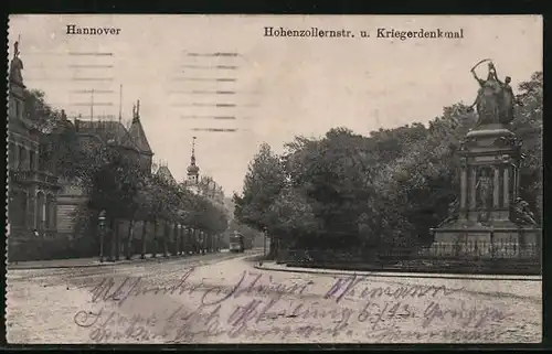 AK Hannover, Hohenzollernstrasse und Kriegerdenkmal, Strassenbahn