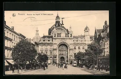 AK Anvers, Avenue de Keyser et Gare centrale, Strassenbahn