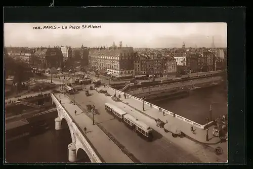 AK Paris, La Place St. Michel, Strassenbahn