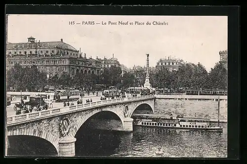 AK Paris, Le Pont Neuf et Place du Châtelet, Strassenbahn