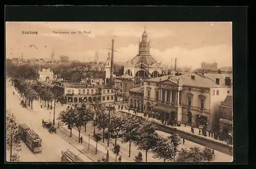 AK Hamburg, Panorama von St. Pauli, Strassenbahnen unterwegs