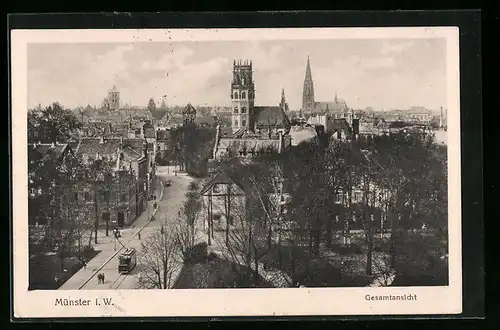 AK Münster i. W., Ortsansicht mit Strassenbahn