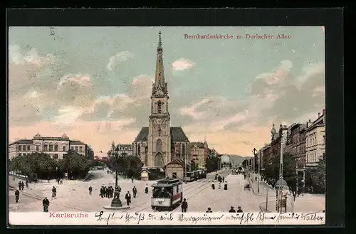 AK Karlsruhe, Strassenbahn vor der Bernharduskirche m. Durlacher Allee