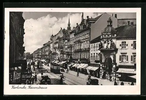 AK Karlsruhe, Strassenbahn & Geschäfte in der Kaiserstrasse