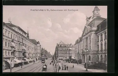 AK Karlsruhe i. B., Kaiserstrasse mit Reichspost und Strassenbahn