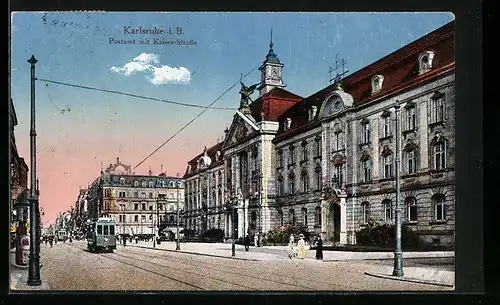 AK Karlsruhe i. B., Postamt mit Kaiser-Strasse und Strassenbahn