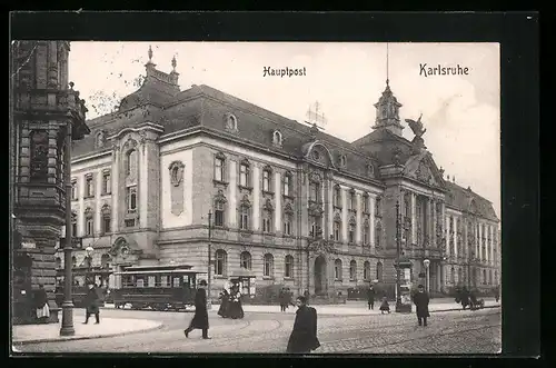 AK Karlsruhe, Strassenbahn an der Hauptpost