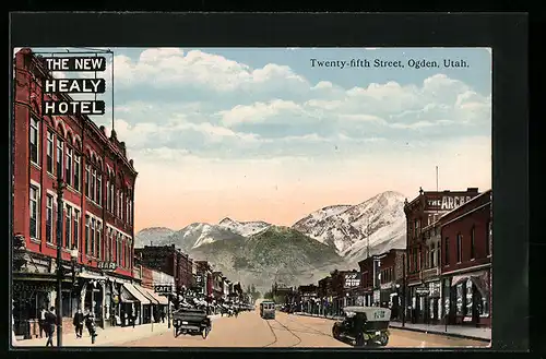 AK Ogden /Utah, The new Healy Hotel in Twenty-fifth Street, Strassenbahn