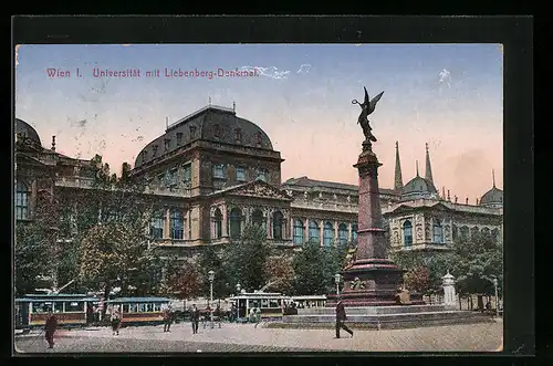 AK Wien, Universität mit Liebenberg-Denkmal und Strassenbahn