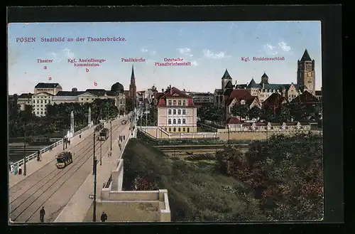 AK Posen, Stadtbild an der Theaterbrücke mit Strassenbahnen