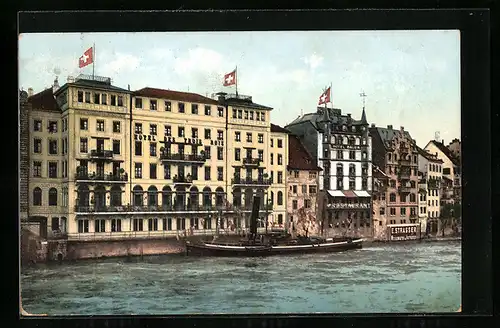 AK Basel, Hotel 3 König mit Rheindampfer