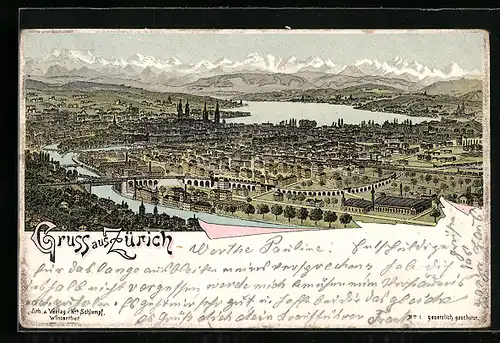 Lithographie Zürich, Totalansicht aus der Vogelschau