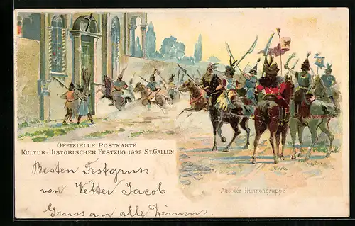 Künstler-AK St. Gallen, Kultur-Historischer Festzug 1899, Aus der Hunnengruppe