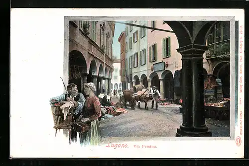 AK Lugano, Via Pessina, Ortspartie mit Strassenhändlern