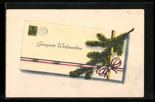 AK Gesegnete Weihnachten auf einem Brief mit Tannenzweig und Zweibundschleife