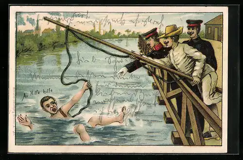 AK Angler und zwei Soldaten versuchen eine Mann mittels gebauter Angel aus dem Fluss zu retten
