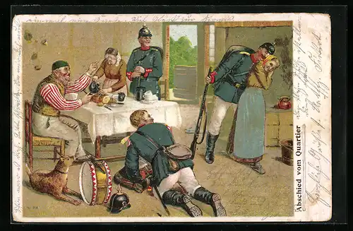 Lithographie Abschied vom Quartier, Soldat bei seiner Familie