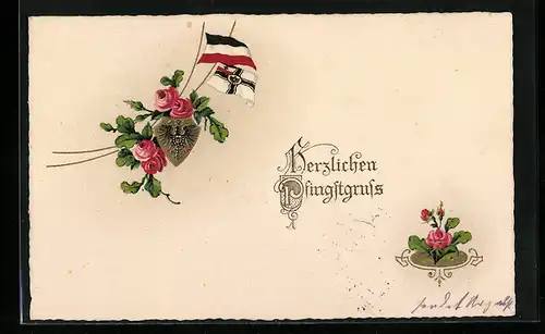 Präge-AK Herzlichen Pfingstgruss mit Wappen, Flaggen und Blumen