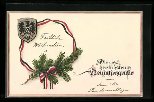 AK Herzliche Neujahrsgrüsse mit Wappen, Band und Tannenzweig