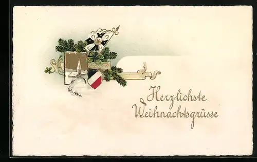 Präge-AK Herzlicheste Weihnachtsgrüsse mit Wappen, Flagge und Tannenzweigen
