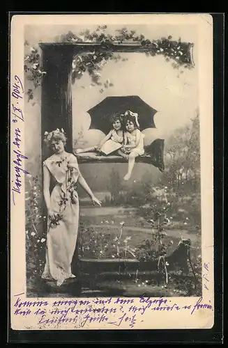 AK Buchstabe E mit Frau und zwei Kindern