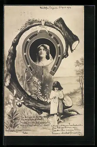 AK Buchstabe C, Frauenportrait in einem Hufeisen, Mädchen mit Blumenkranz in den Händen