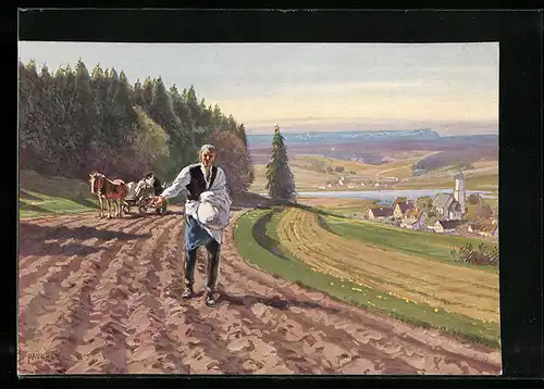 Künstler-AK Paul Hey: Bauer bei der Feldarbeit, Unser täglich Brot
