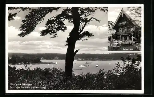 AK Berlin-Wannsee, Nikolskoe, Gaststätte Blockhaus mit herrlichen Ausblick auf die Havel