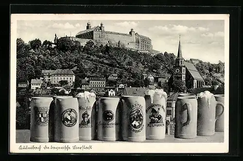 AK Kulmbach, Ortsansicht mit Burg und Bierkrügen