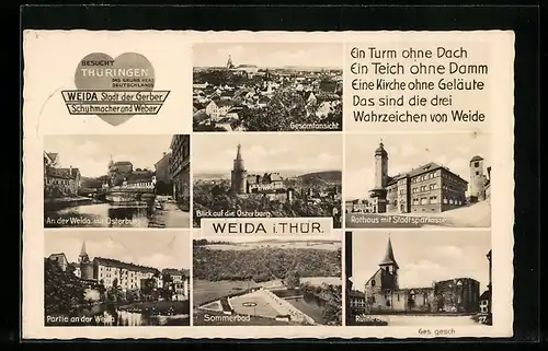 AK Weida i. Thür., Gesamtansicht und sechs Ansichten aus der Stadt